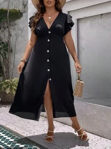 SHEIN LUNE Đầm Plus Size Nút phía trước màu trơn Giải trí - màu đen - Xem 3