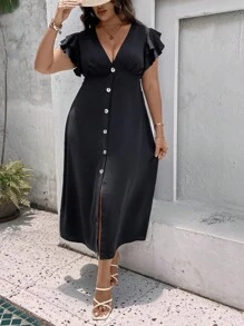 SHEIN LUNE Đầm Plus Size Nút phía trước màu trơn Giải trí - màu đen - Xem 4