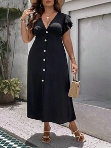SHEIN LUNE Đầm Plus Size Nút phía trước màu trơn Giải trí - màu đen - Xem 5