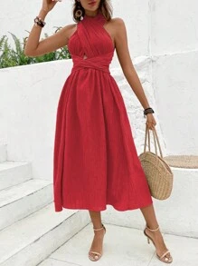 Breezaya 素色交叉後背繫帶掛脖連衣裙 - 紅色 - 查看 3