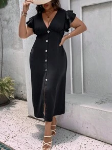 SHEIN LUNE Đầm Plus Size Nút phía trước màu trơn Giải trí - màu đen - Xem 6