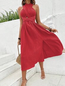 Breezaya 素色交叉後背繫帶掛脖連衣裙 - 紅色 - 查看 5