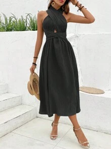 Breezaya 素色交叉後背繫帶連衣裙 - 黑色 - 查看 3