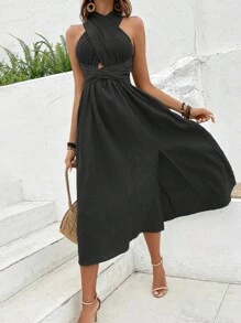 Breezaya 素色交叉後背繫帶連衣裙 - 黑色 - 查看 4