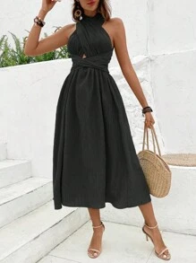 Breezaya 素色交叉後背繫帶連衣裙 - 黑色 - 查看 5