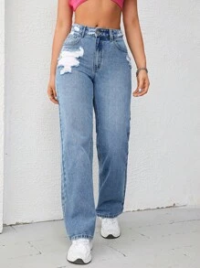 SHEIN EZwear 破洞直筒牛仔褲 - 淺色水洗藍 - 查看 3