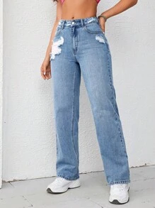 SHEIN EZwear 破洞直筒牛仔褲 - 淺色水洗藍 - 查看 5