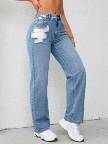 SHEIN EZwear 破洞直筒牛仔褲 - 淺色水洗藍 - 查看 6