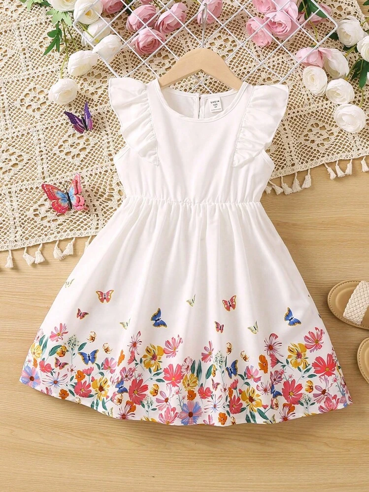Young Girl White Butterfly-Shaped Sweet Floral Print Dress With Round Neckline - White - View 1