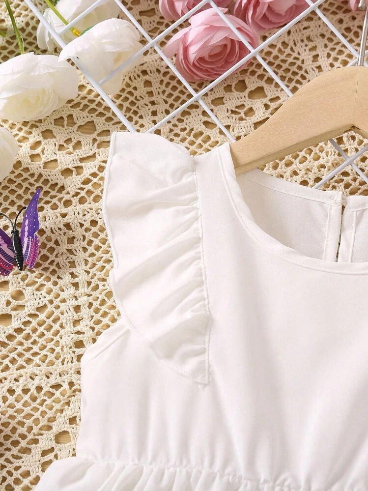 Young Girl White Butterfly-Shaped Sweet Floral Print Dress With Round Neckline - White - View 5