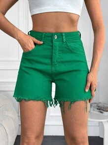 Cottnline 毛邊牛仔短褲 - 綠色 - 查看 1