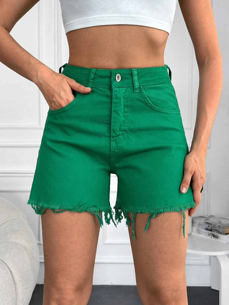 Cottnline 毛邊牛仔短褲 - 綠色 - 查看 1