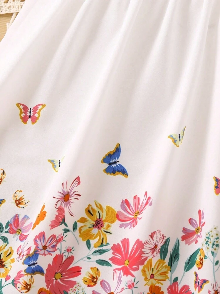 Young Girl White Butterfly-Shaped Sweet Floral Print Dress With Round Neckline - White - View 6
