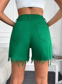 Cottnline 毛邊牛仔短褲 - 綠色 - 查看 2