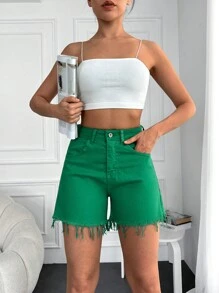 Cottnline 毛邊牛仔短褲 - 綠色 - 查看 3