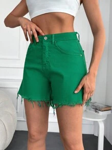 Cottnline 毛邊牛仔短褲 - 綠色 - 查看 5