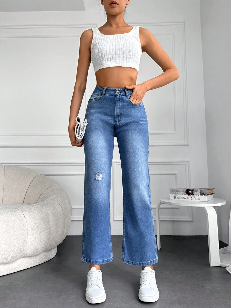 EURMUSE Ripped Straight Leg Jeans - Medium Wash - View 1