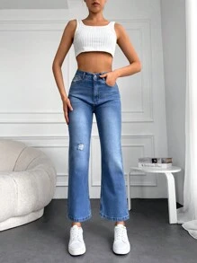 EURMUSE Ripped Straight Leg Jeans - Medium Wash - View 3