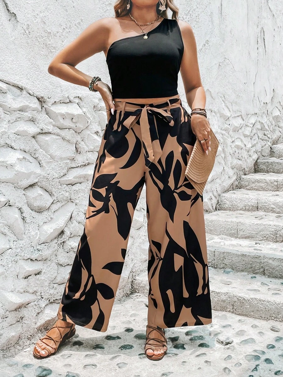 SHEIN LUNE Bộ thời trang Plus Size Thắt lưng Thực vật Giải trí - Nhiều màu - Xem 1