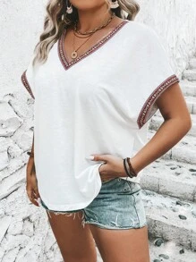 SHEIN LUNE Áo thun Plus size Ruy băng Hình học Giải trí - trắng - Xem 3