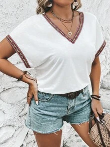 SHEIN LUNE Áo thun Plus size Ruy băng Hình học Giải trí - trắng - Xem 5