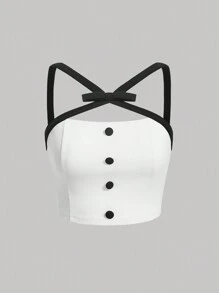 SHEIN MOD Nút buộc tương phản Plus phía trước áo yếm - trắng - Xem 1
