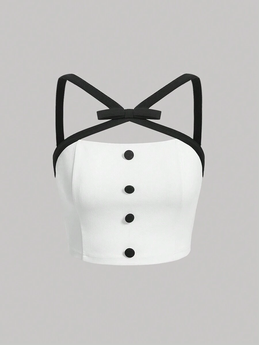 SHEIN MOD Nút buộc tương phản Plus phía trước áo yếm - trắng - Xem 1