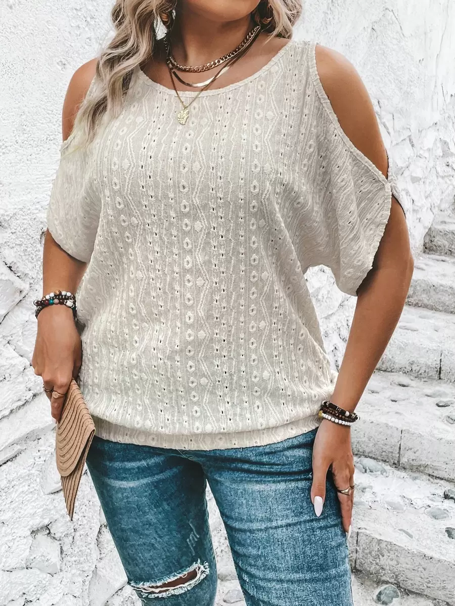 SHEIN LUNE Plus Cold Shoulder Tee - Khaki - View 1