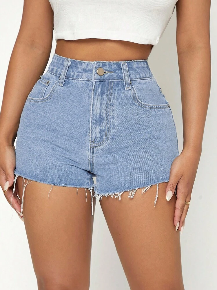 SHEIN PETITE Quần short denim nữ Túi Dây kéo Hem thô màu trơn - Rửa nhẹ - Xem 1