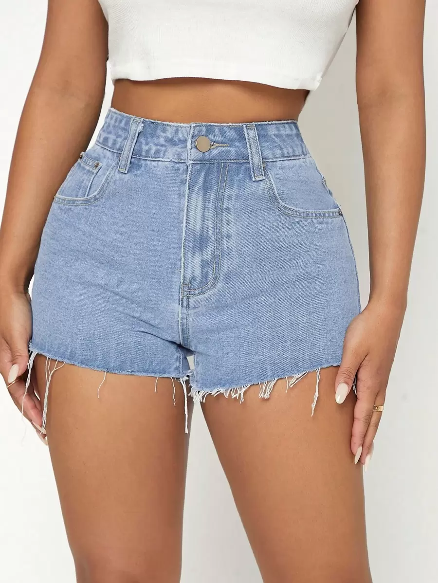 SHEIN PETITE Raw Hem Denim Shorts - Light Wash - View 1