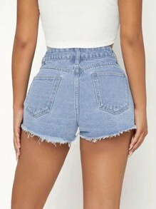 SHEIN PETITE Raw Hem Denim Shorts - Light Wash - View 2