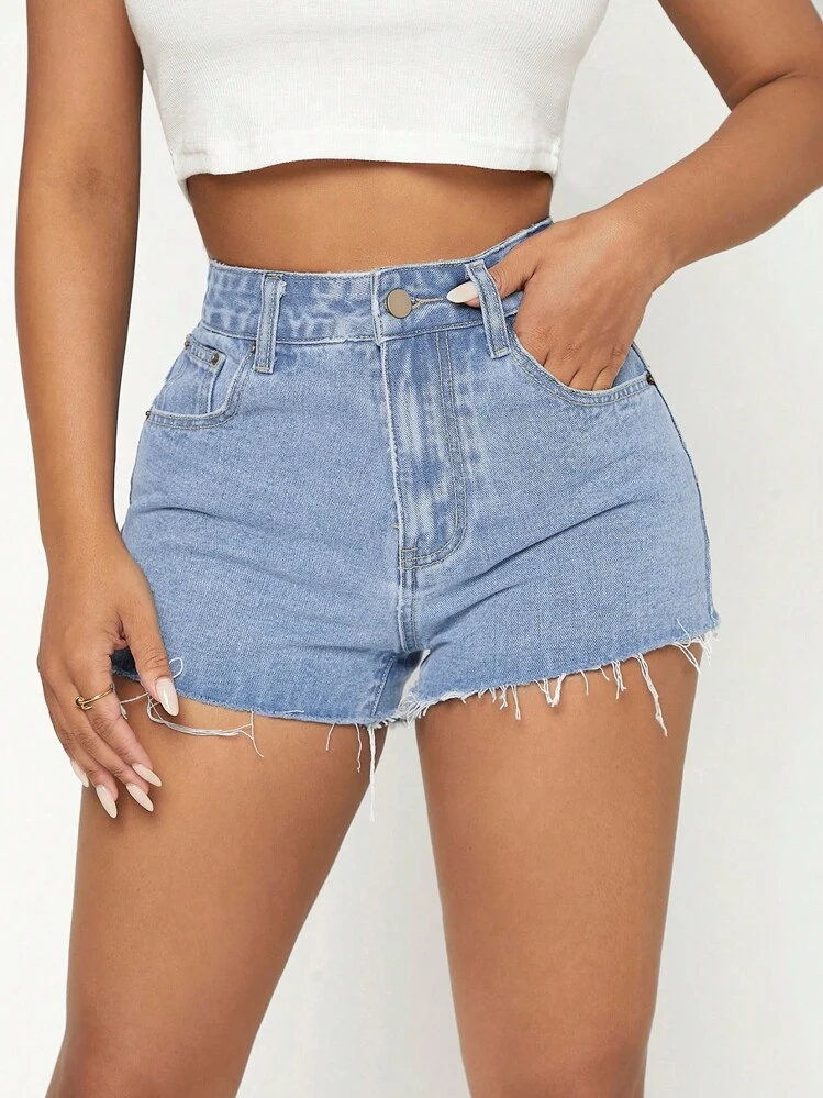 SHEIN PETITE Quần short denim nữ Túi Dây kéo Hem thô màu trơn - Rửa nhẹ - Xem 4