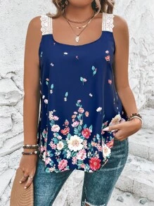 SHEIN LUNE Plus Floral Print Guipure Lace Panel Wide Strap Top - Navy Blue - View 1