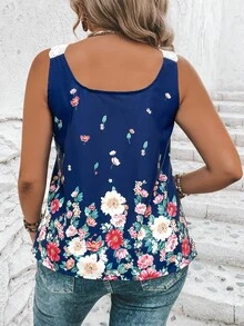 SHEIN LUNE Plus Floral Print Guipure Lace Panel Wide Strap Top - Navy Blue - View 2