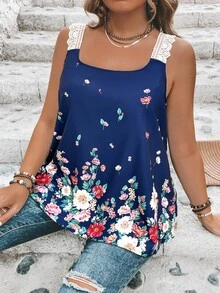 SHEIN LUNE Plus Floral Print Guipure Lace Panel Wide Strap Top - Navy Blue - View 3