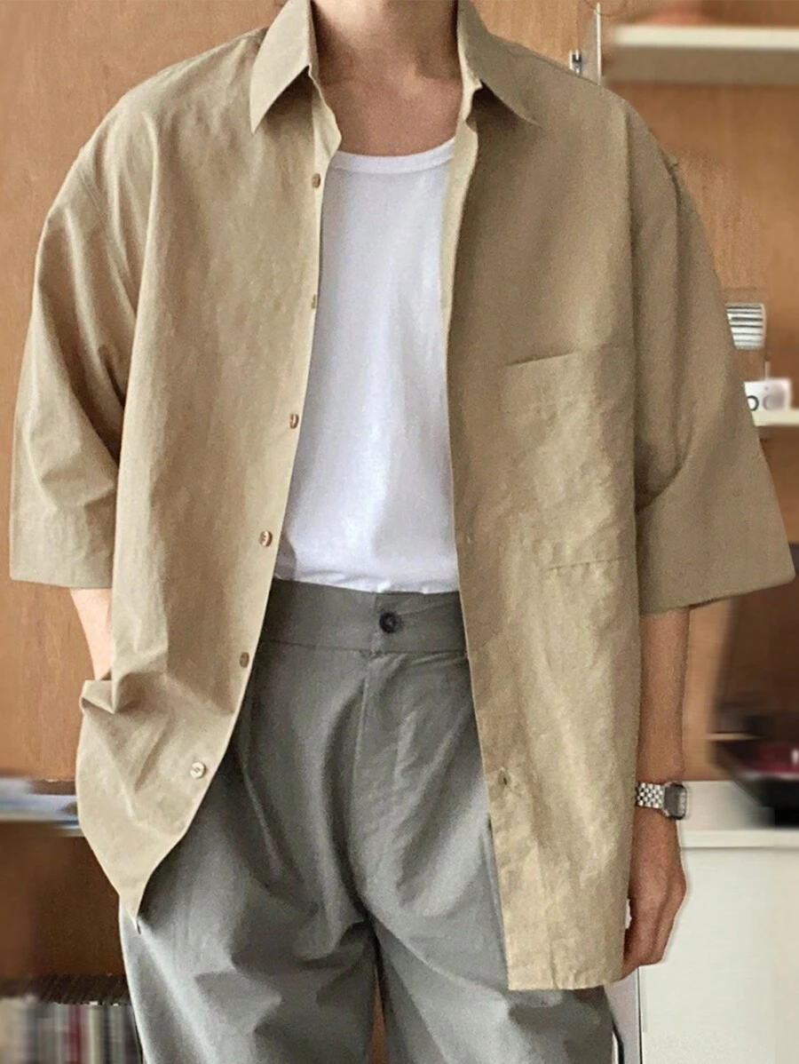 DAZY 男士素色口袋貼布襯衫 - 卡其色 - 查看 1