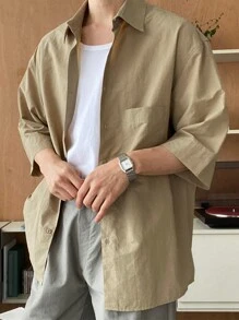 DAZY 男士素色口袋貼布襯衫 - 卡其色 - 查看 3