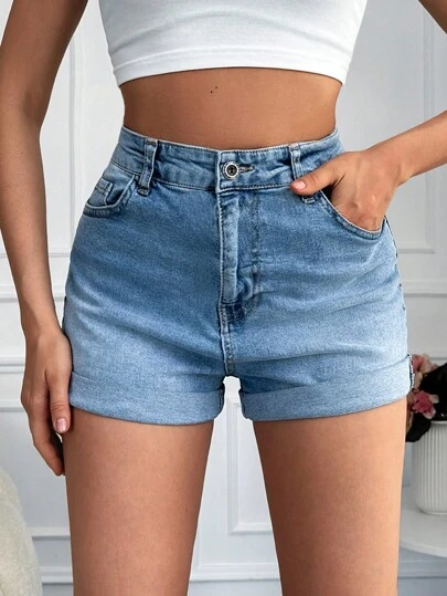 RueChic Roll Up Hem Denim Shorts