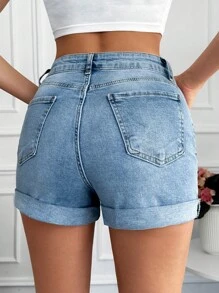 RueChic Roll Up Hem Denim Shorts - Light Wash - View 2