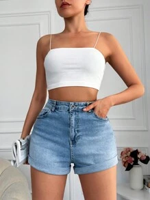 RueChic Roll Up Hem Denim Shorts - Light Wash - View 3
