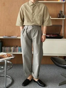 DAZY 男士素色口袋貼布襯衫 - 卡其色 - 查看 4