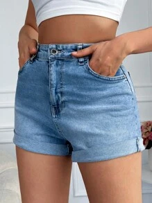 RueChic Roll Up Hem Denim Shorts - Light Wash - View 4