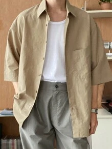 DAZY 男士素色口袋貼布襯衫 - 卡其色 - 查看 6