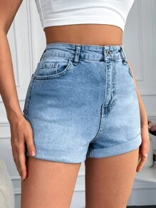 RueChic Roll Up Hem Denim Shorts - Light Wash - View 5