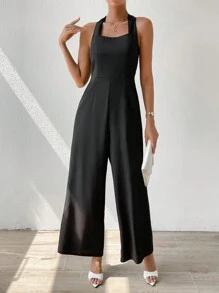 SHEIN Privé 素色露背繞頸連體褲 - 黑色 - 查看 1