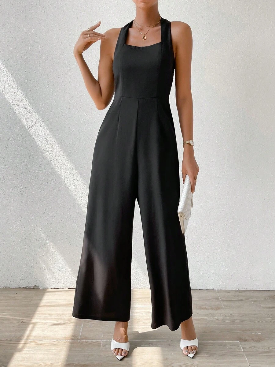 SHEIN Privé Mono halter unicolor de espalda abierta - Negro - Ver 1