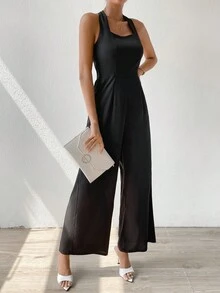 SHEIN Privé 素色露背繞頸連體褲 - 黑色 - 查看 3