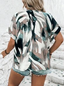 SHEIN LUNE 大碼滿版印花蝙蝠袖襯衫