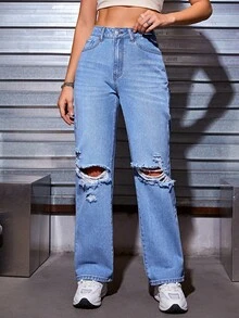 SHEIN Coolane Jeans de pierna recta desgarro - Lavado ligero - Ver 3