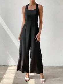 SHEIN Privé 素色露背繞頸連體褲 - 黑色 - 查看 4